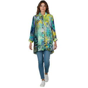 Ali Miles Floral Tunic Size Large Yellow Button Front Artsy Lagenlook Abstract
